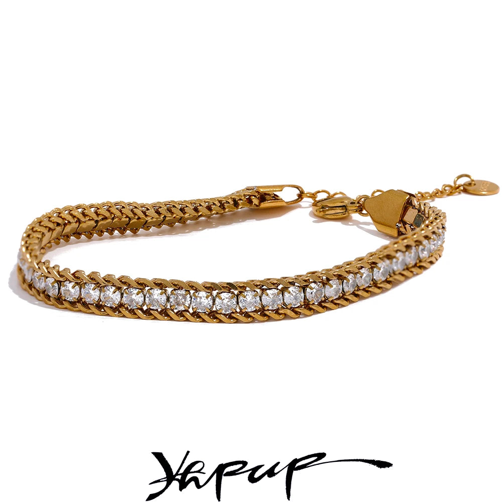Yhpup Shiny Cubic Zirconia Stainless Steel Chain Gold Color PVD Plated Bracelet Bangle for Women High Quality Jewelry Waterproof