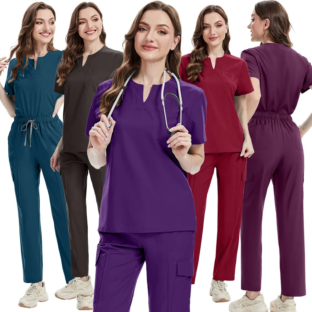 Women’s Nursing Scrubs Set – Breathable Stretch Top & Elastic Waist Pants