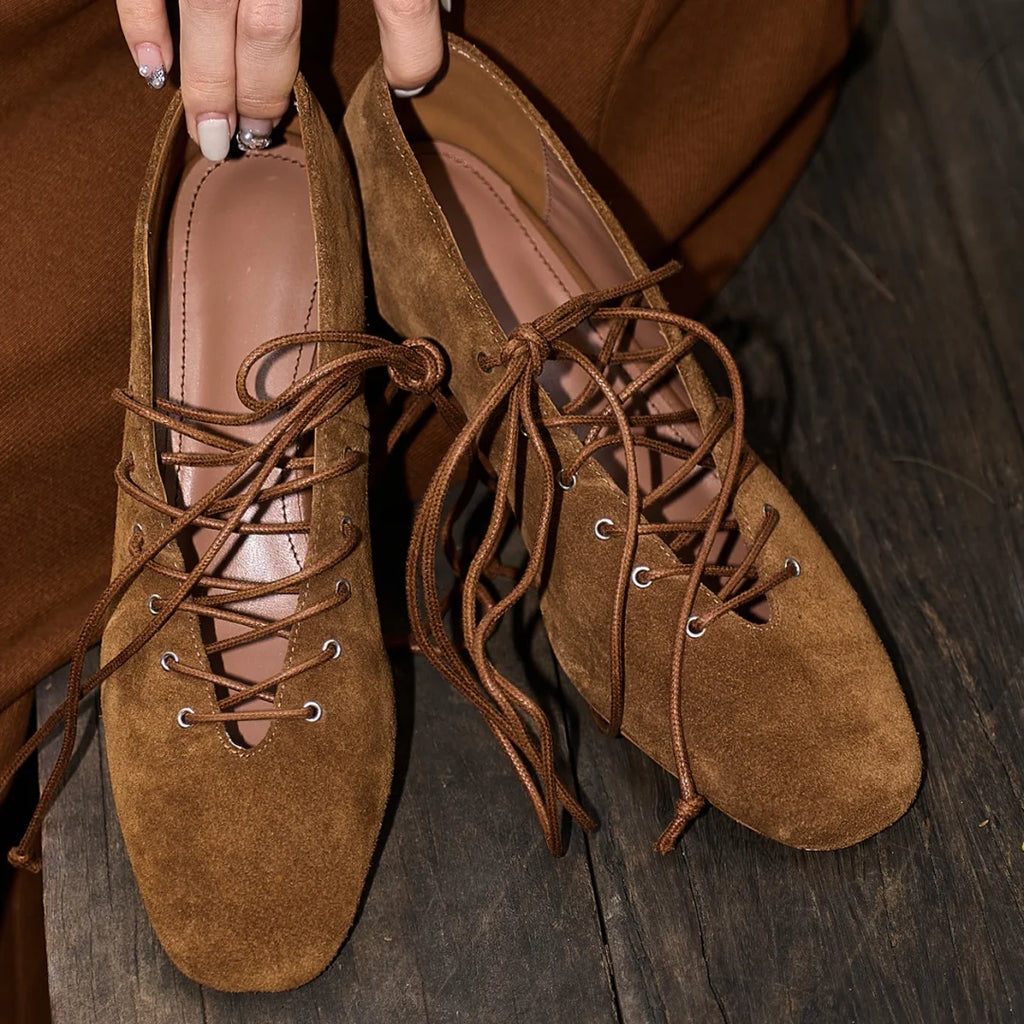 Women's natural suede leather square toe lace-up pumps 3.5cm kitten heel elegant ladies slim daily dress heeled shoes for woman