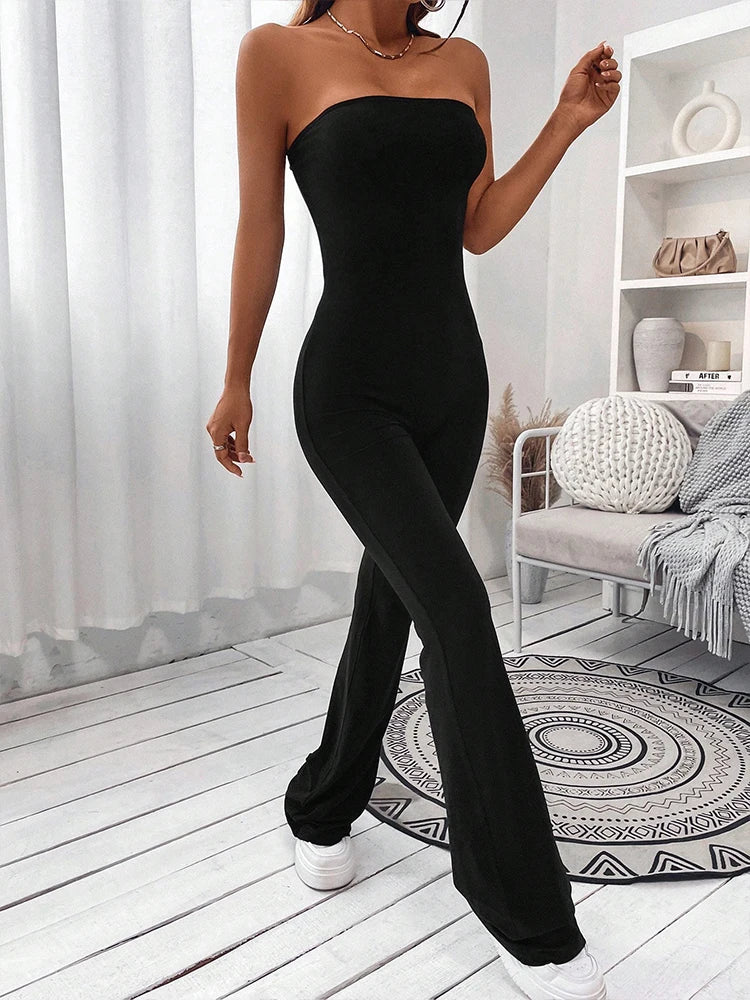 2024 Summer New Women's Drawstring Waist Jumpsuit Pants Leisure Lift Buttocks Slim Micro-Flare Jumpsuit Pants