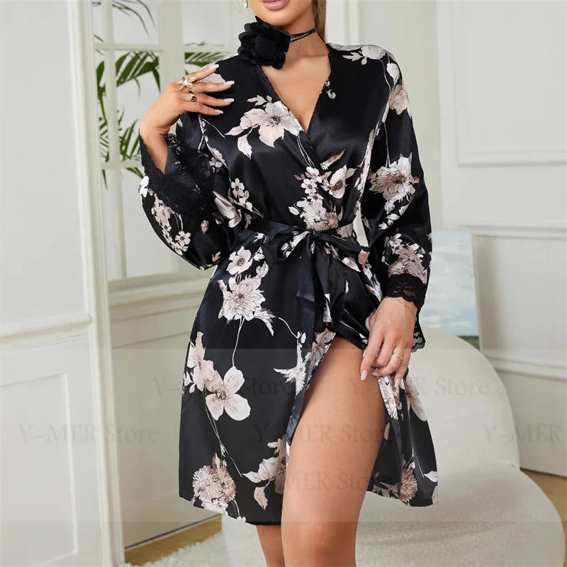 Women's Satin Floral Sleepwear Kimono Robe