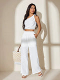 Women's One-Shoulder White Crop Top & Trousers Set