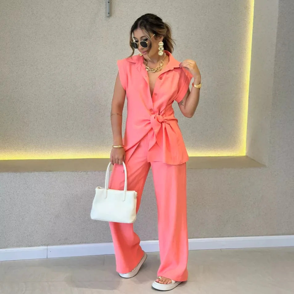 Women's Tie Waist Top Two-Piece Set
