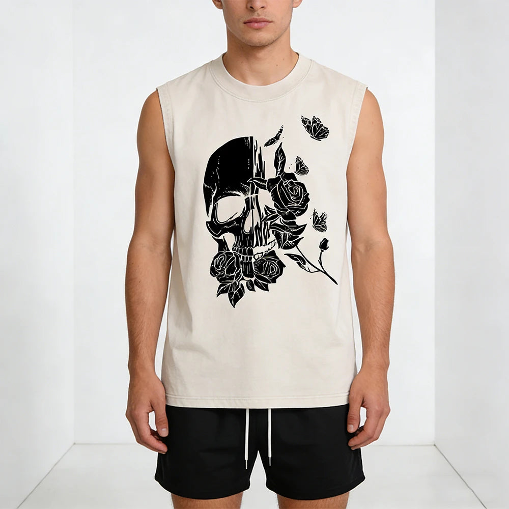 Summer Men's Casual Outfit Black Vintage Washed Tank Top & Quick Dry Double-Layer Beach Shorts Set Skull & Roses Graphic Print