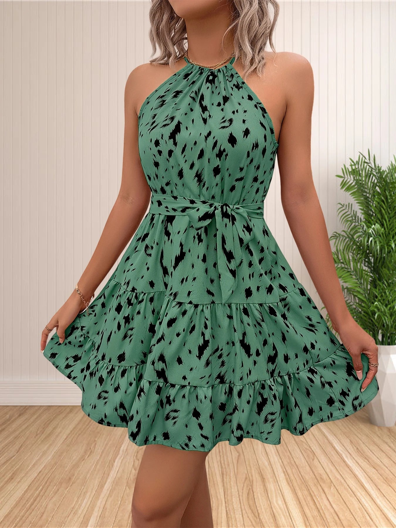 Women's Floral Polka Dot Halter Mini Dress