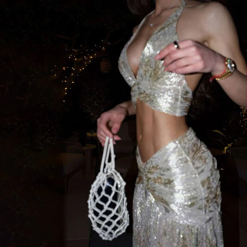 Casual 2026 Hollowed Out Beach Outfit Ladies Sexy Deep V Sleeveless Top and Long Skirt Suit Summer Pattern Printed Holiday Set