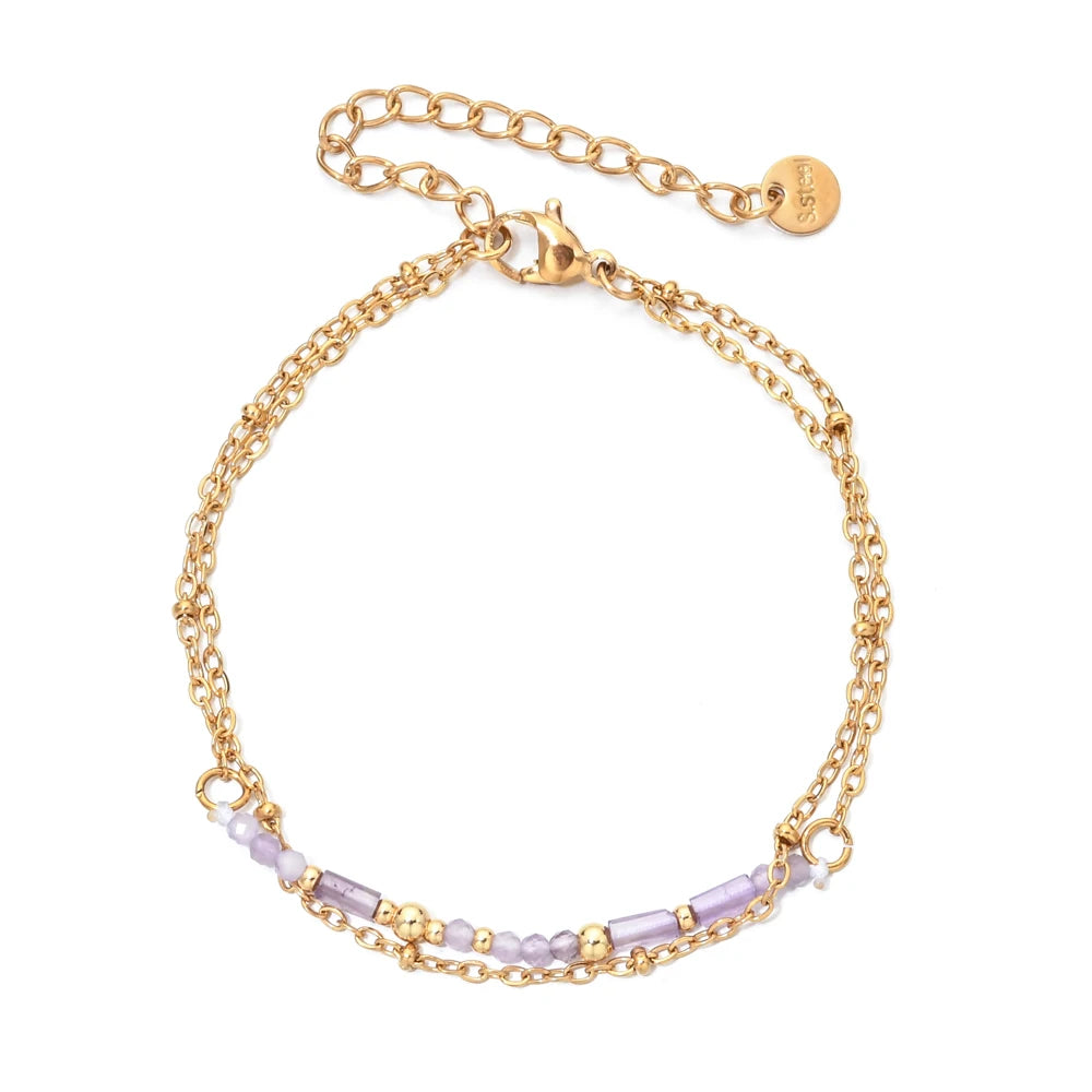 Thin Boho 18K Gold PVD Plated Stainless Steel Chain Bracelets for Women Charm Lapis Lazuli Turquoise Natural Stone Jewelry Gift