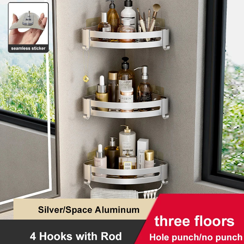 Rust-free Bathroom Corner Shelf Rack – Wall Mounted Non-Drill Shower Storage Organizer