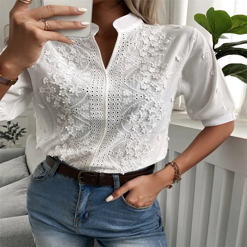 Elegant Vintage Embroidered Cotton Button-Up Top