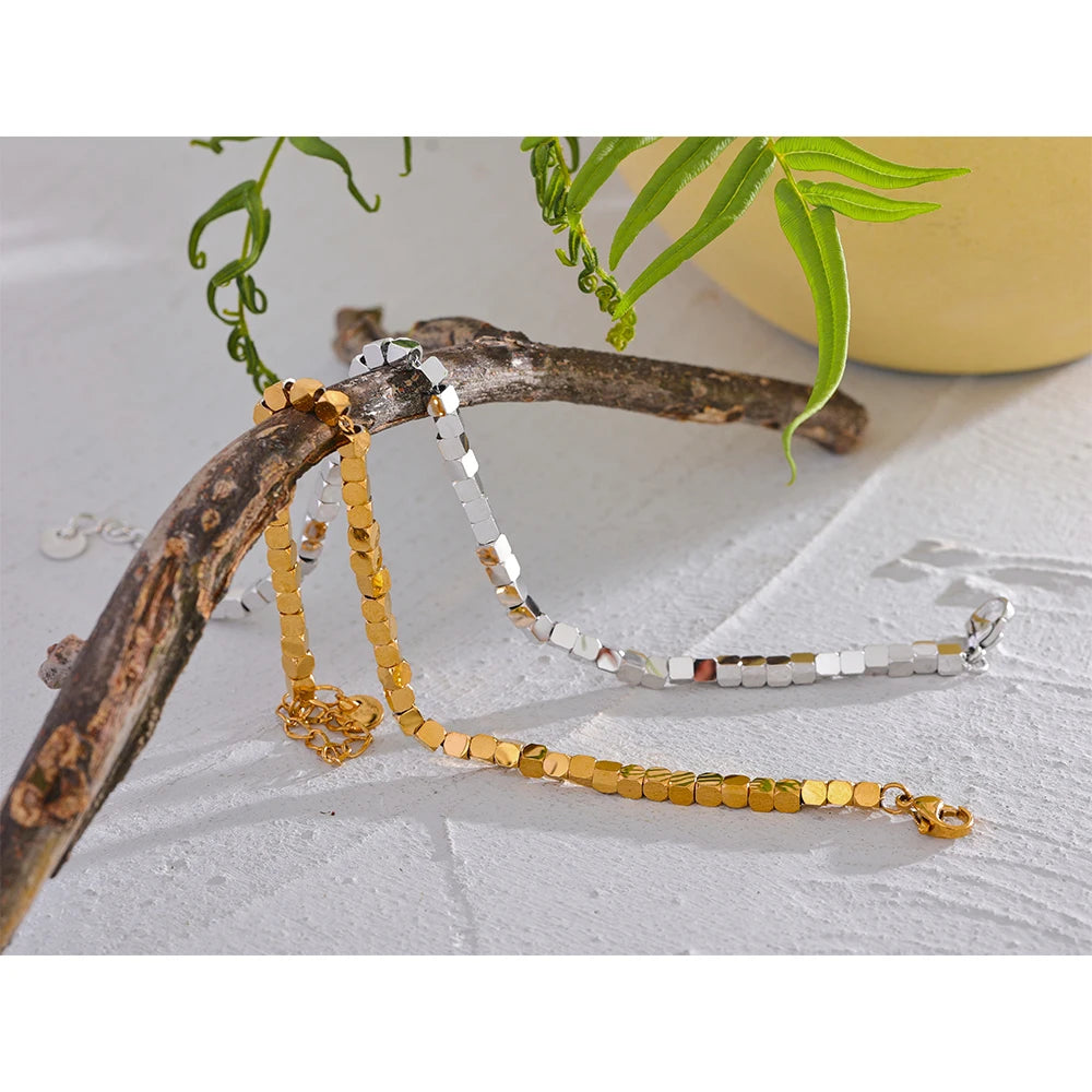 Yhpup Polished Square Beads Handmade Stainless Steel Stylish Bracelet Bangle High Quality Trendy Waterproof Jewelry Brand Men