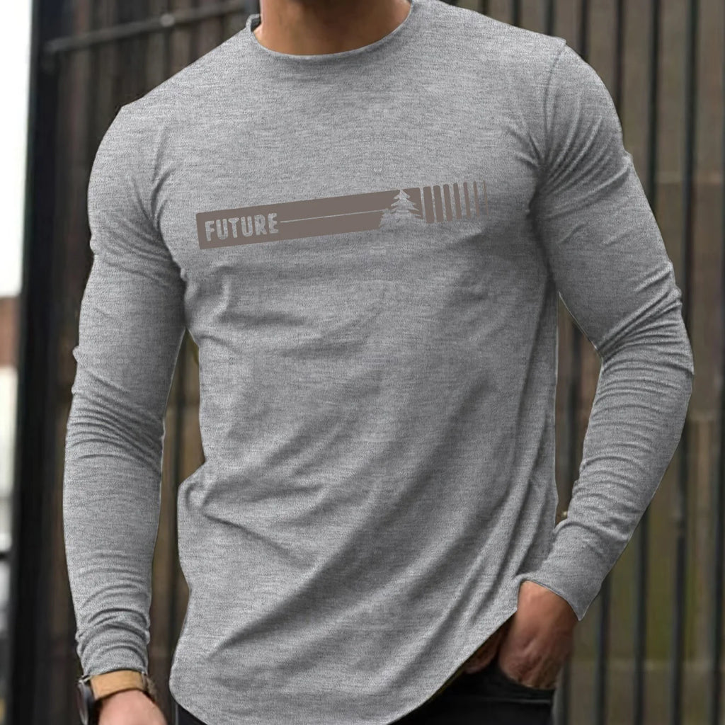 100% pure cotton men's long sleeved round neck loose future letter pattern printed spring and autumn versatile T-shirt top