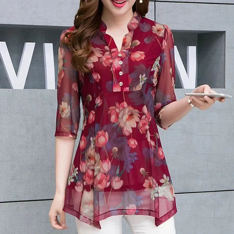 V-Neck Slim Floral Chiffon Shirt 2025 Fashion Summer Women's Clothing Casual Elegant Female Half Sleeve Gauze Spliced Blouse
