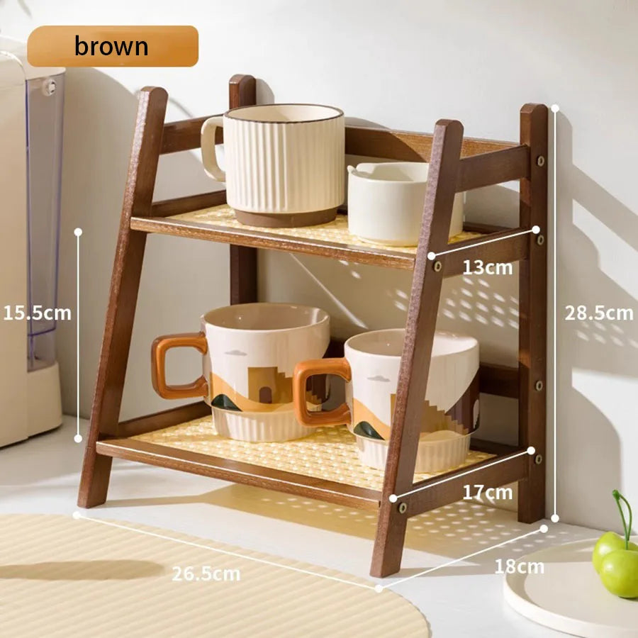 Retro Bamboo 2 Layer Storage Rack Countertop Organizer Stable Kitchen Shelf for Home Hotel Apartment Dressing Table