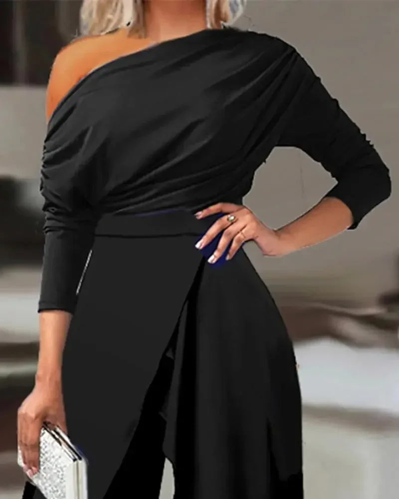 2025 Spring Jumpsuits for Women Plain Elegant Office Lady Loose Ruched One Shoulder Split Hem Wide Leg Jumpsuit