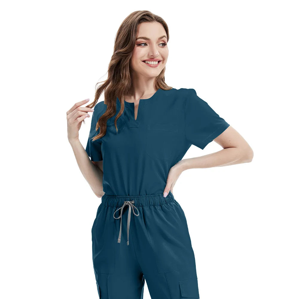 Women’s Nursing Scrubs Set – Breathable Stretch Top & Elastic Waist Pants