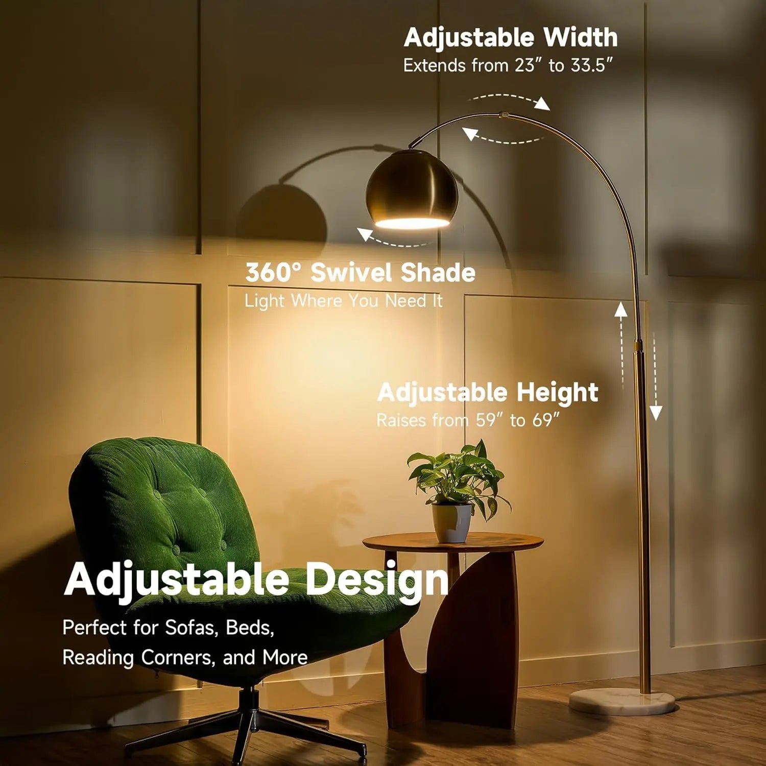 Modern Arc Floor Lamp with Adjustable Shade and Marble Base, LED Bulb Included for Living Room Lighting