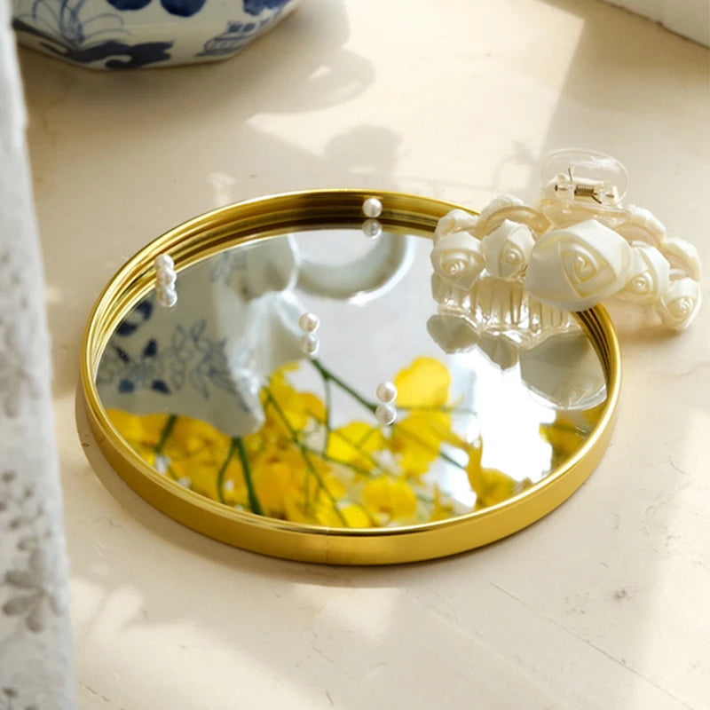 Nordic Light Luxury Metallic Glass Mirror Tray Jewelry And Cosmetics Storage Tray Living Room Precious Accessories Tray