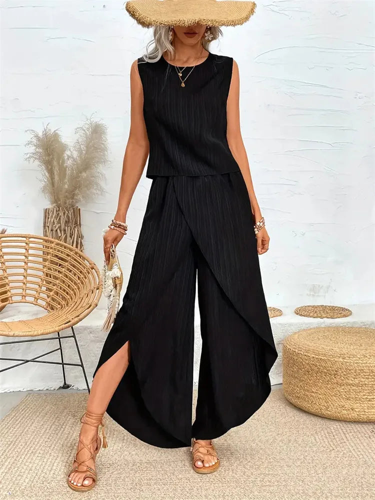 Women's Sleeveless Crewneck Top & Wide Leg Pants Set