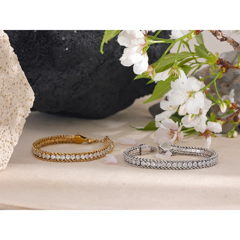 Yhpup Shiny Cubic Zirconia Stainless Steel Chain Gold Color PVD Plated Bracelet Bangle for Women High Quality Jewelry Waterproof