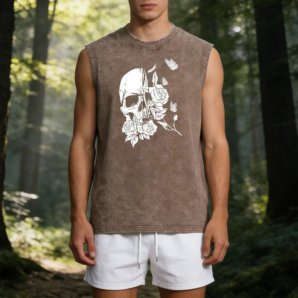 Summer Men's Casual Outfit Black Vintage Washed Tank Top & Quick Dry Double-Layer Beach Shorts Set Skull & Roses Graphic Print