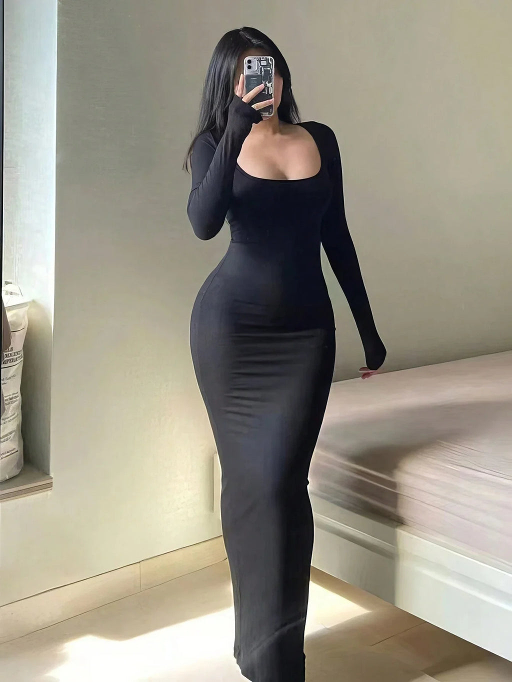 Women's Long Sleeve Scoop Neck Bodycon Maxi Dress