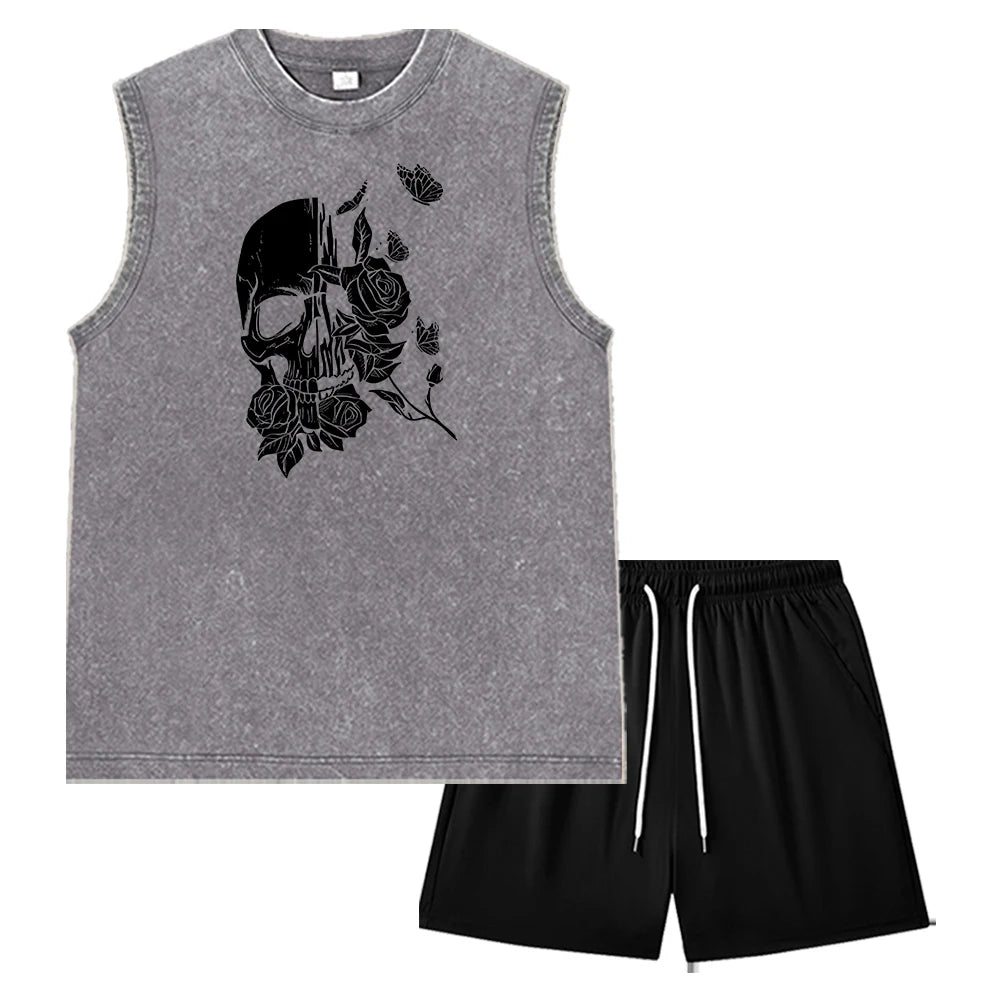 Summer Men's Casual Outfit Black Vintage Washed Tank Top & Quick Dry Double-Layer Beach Shorts Set Skull & Roses Graphic Print