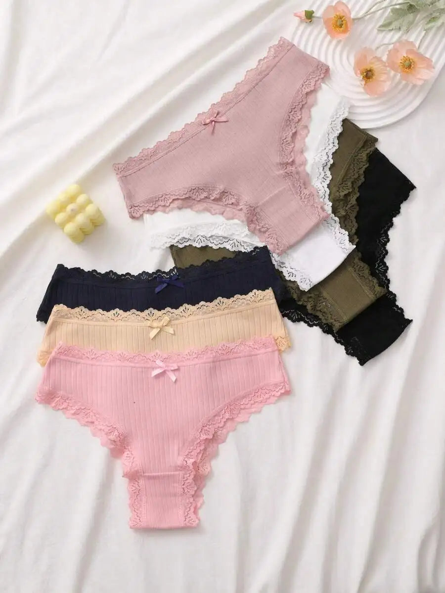 7-Pack Soft Ribbed Cotton Lace Trim Bikini Panties for Women