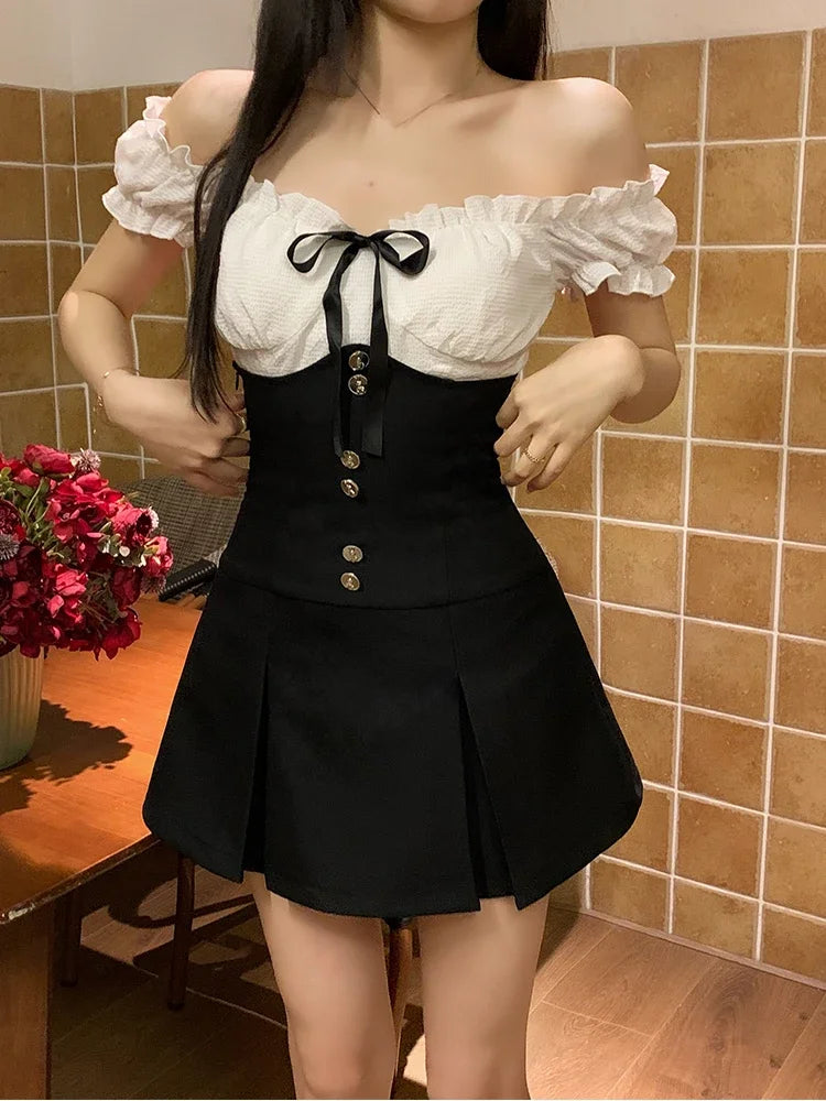 Elegant Korean Style 2-Piece Set – Kawaii White Top & Black Slim Skirt