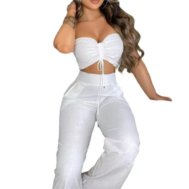 White Two-Piece Lounge Set with a Strapless Crop Top & Wide Leg Pants