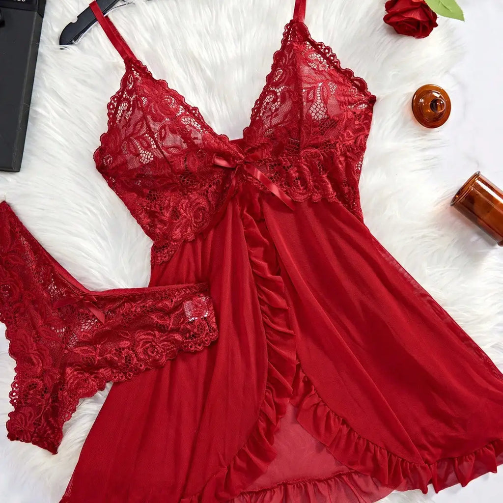 Red Lace Deep V Bra and Sheer Robe Set with Bow Detail for Bedroom or Party