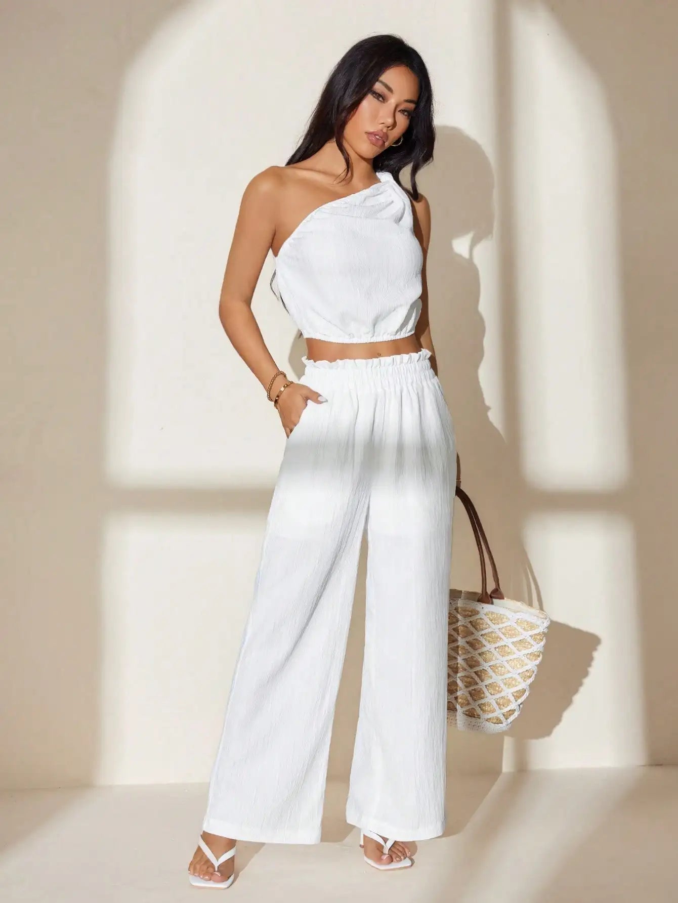 Women's One-Shoulder White Crop Top & Trousers Set