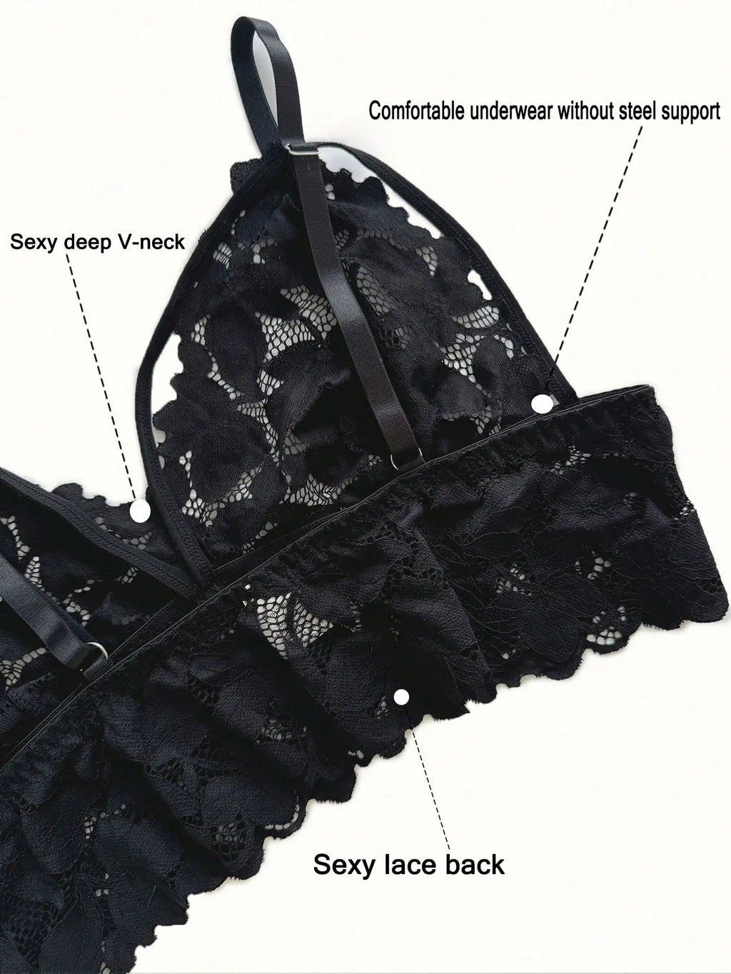 Black Floral Lace 2-Piece Bra and Shorts Lingerie Set for Women