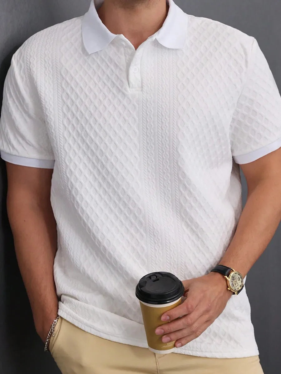 Men's White Short Sleeve Polo Shirt with Geometric Jacquard Knit, Casual Style for Spring Summer Daily Wear