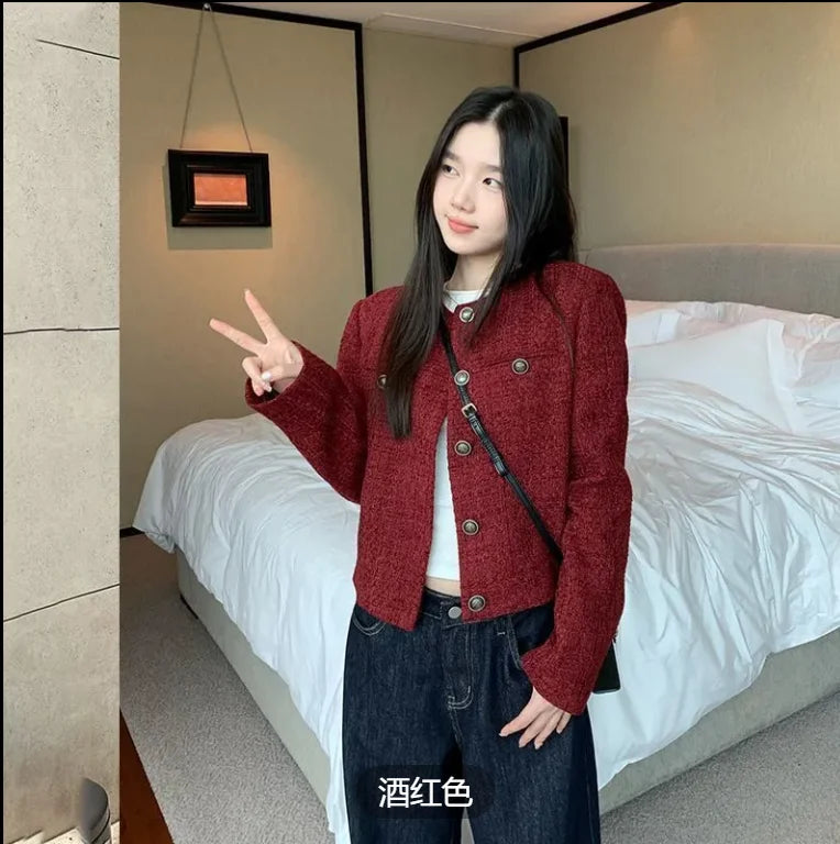 Elegant Long Sleeve Tweed Coat
