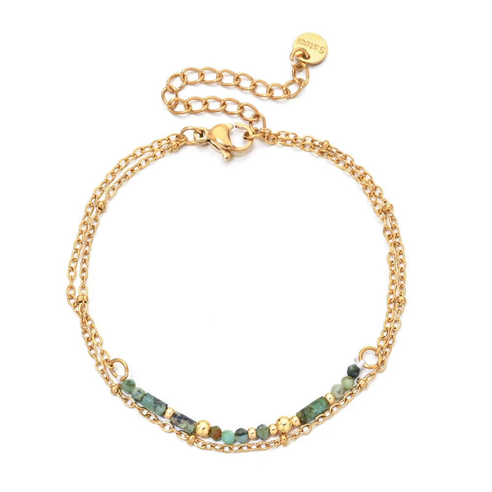 Thin Boho 18K Gold PVD Plated Stainless Steel Chain Bracelets for Women Charm Lapis Lazuli Turquoise Natural Stone Jewelry Gift