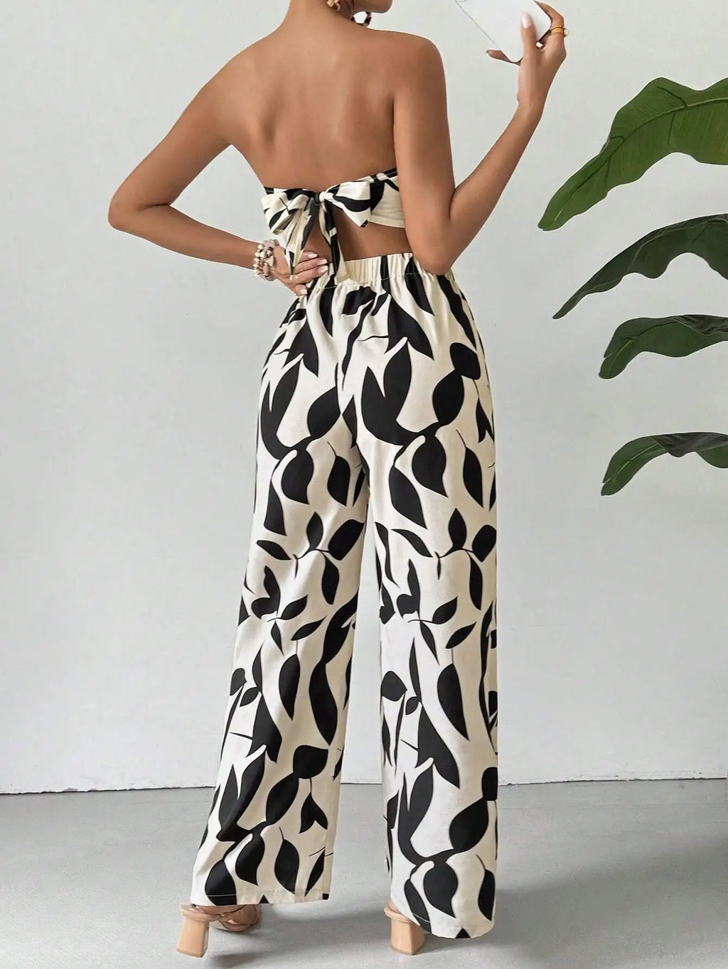 Leaf Print Strapless Crop Top & Wide Leg Pants Set