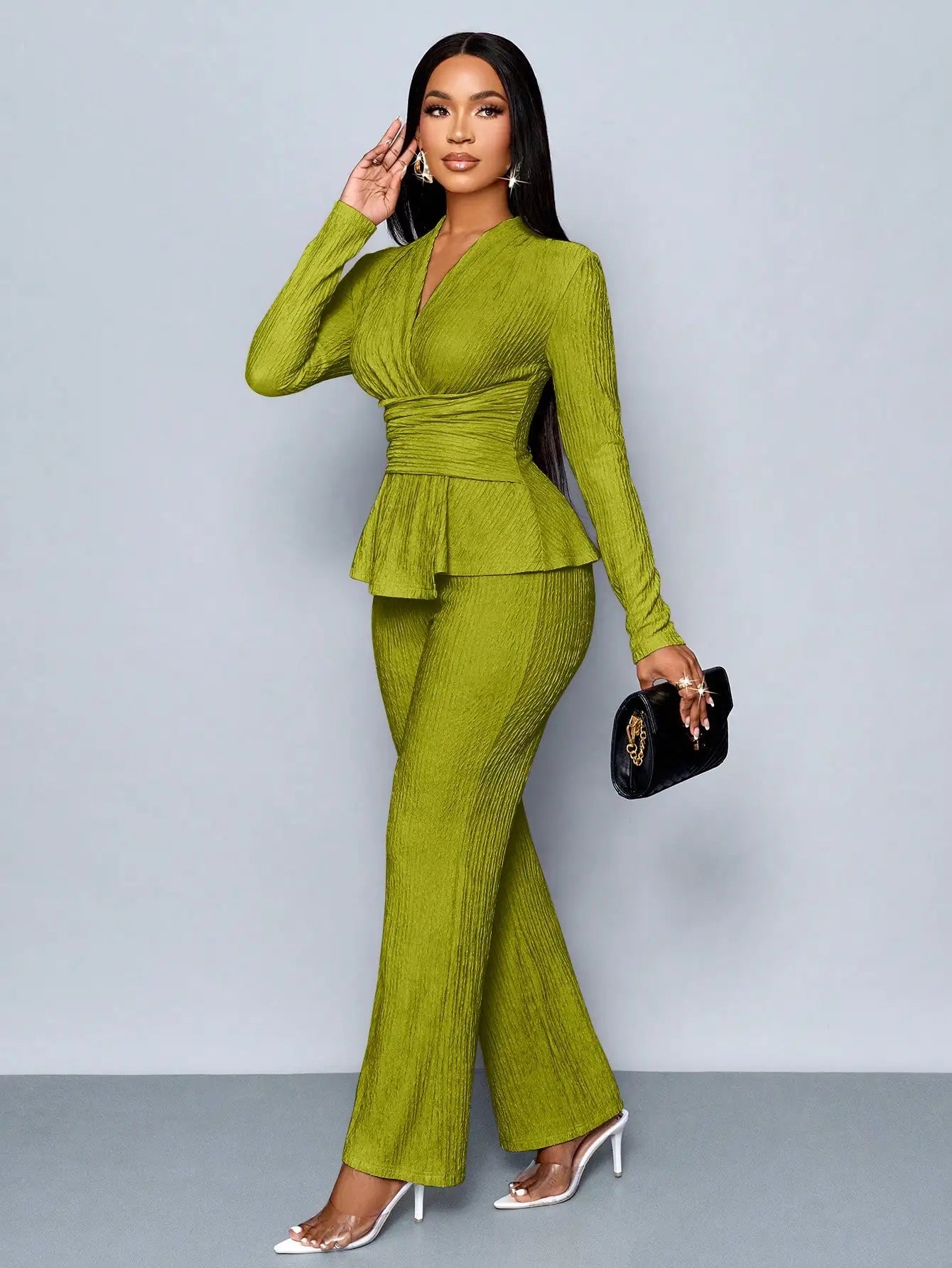 Women's V-neck Peplum Top & Wide Leg Pants Set