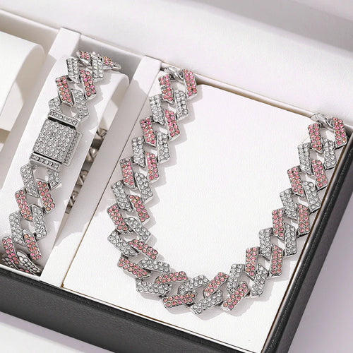 2pcs Jewelry Set Hip Hop Geometric Cuban Chain Neck Fashionable High Quality Hip Hop Rhinestone Neck Bracelet Jewelry holiday gi