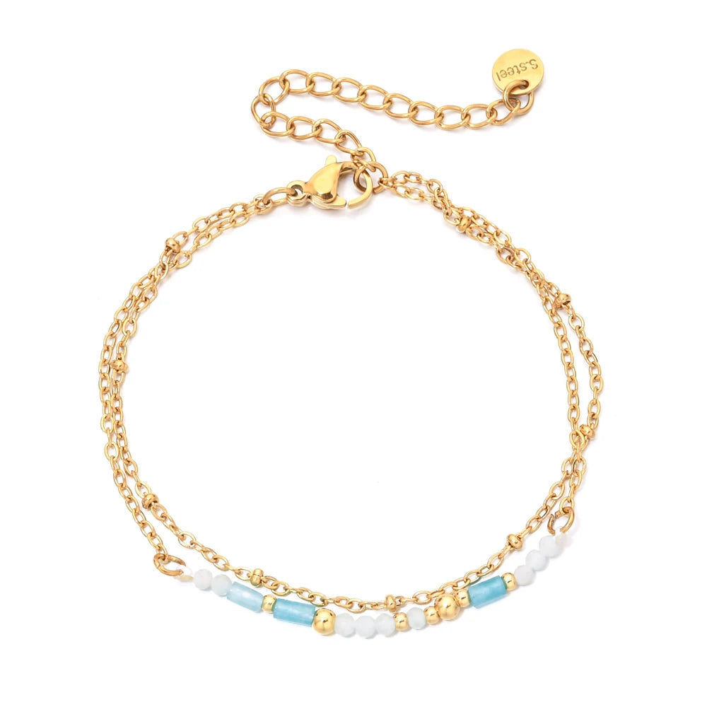 Thin Boho 18K Gold PVD Plated Stainless Steel Chain Bracelets for Women Charm Lapis Lazuli Turquoise Natural Stone Jewelry Gift