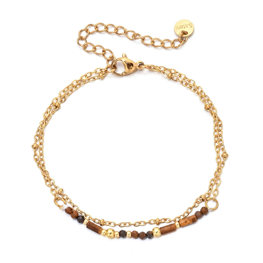 Thin Boho 18K Gold PVD Plated Stainless Steel Chain Bracelets for Women Charm Lapis Lazuli Turquoise Natural Stone Jewelry Gift