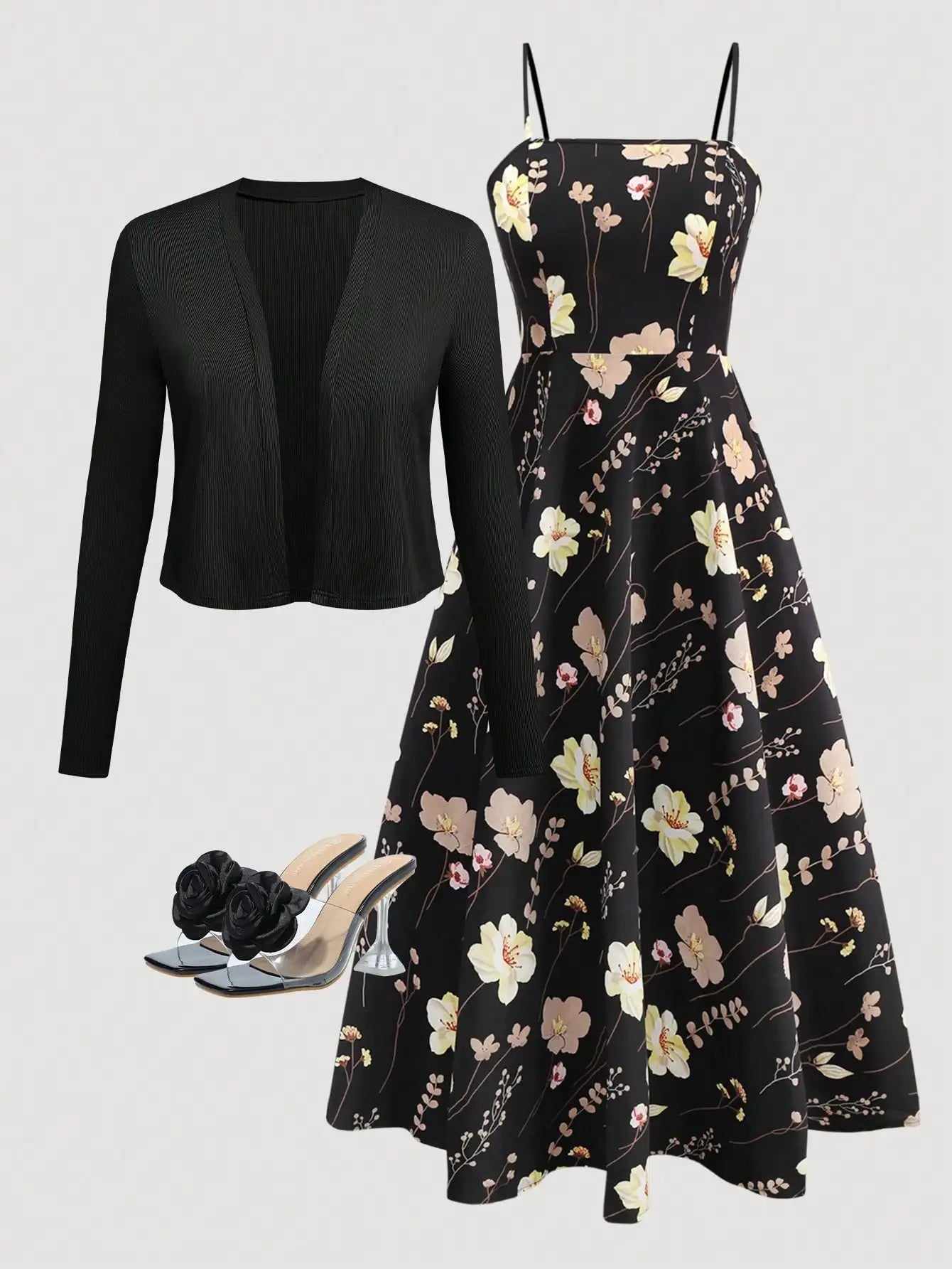 Women's Floral Camisole Dress & Cardigan Set