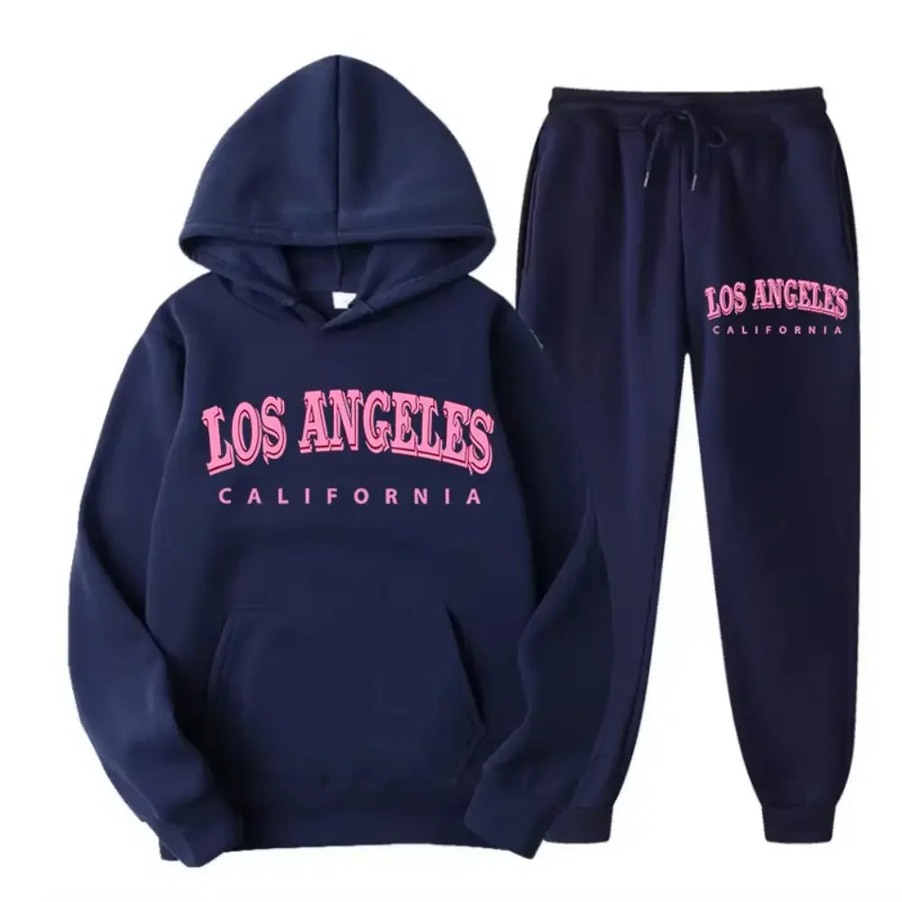 2025 Two-piece set for women, hoodie and fleece pants, loose-fitting pocket sweater, Los Angeles and California print clothing,