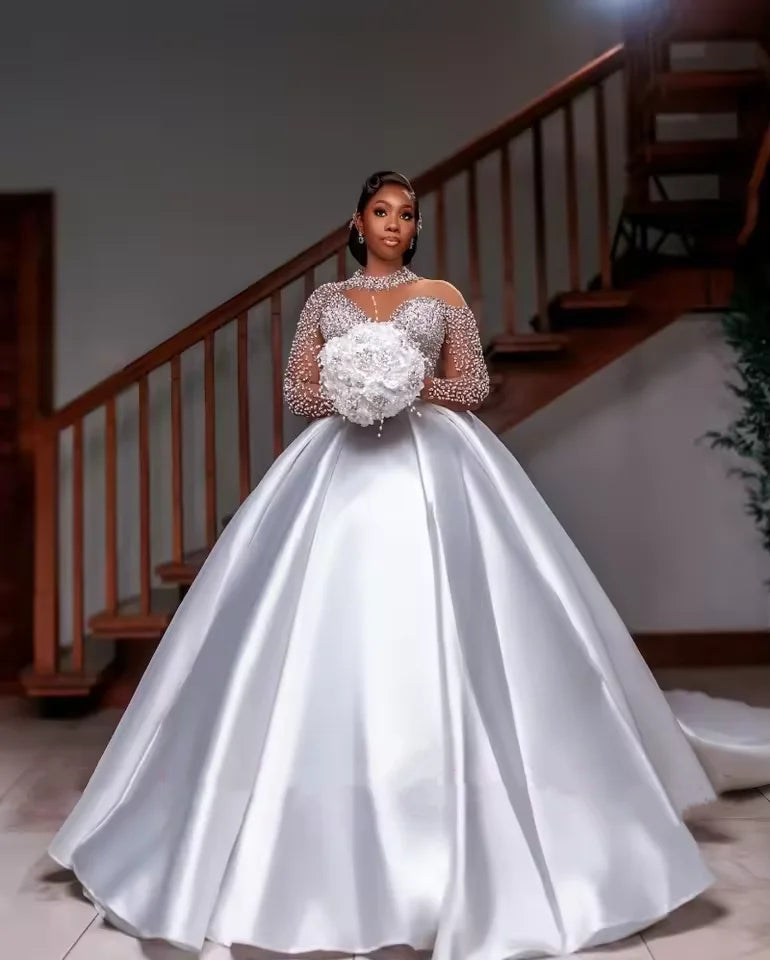 African Elegant White Satin Wedding Dress High Collar Lace Long Sleeve Bride Dress Luxury Beaded A-line Prom Customized
