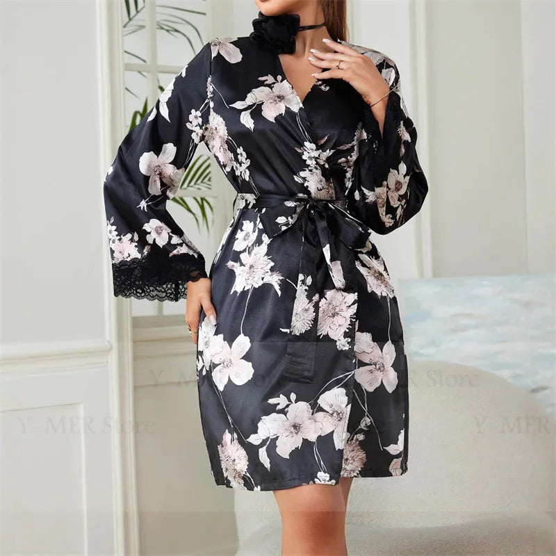 Women's Satin Floral Sleepwear Kimono Robe