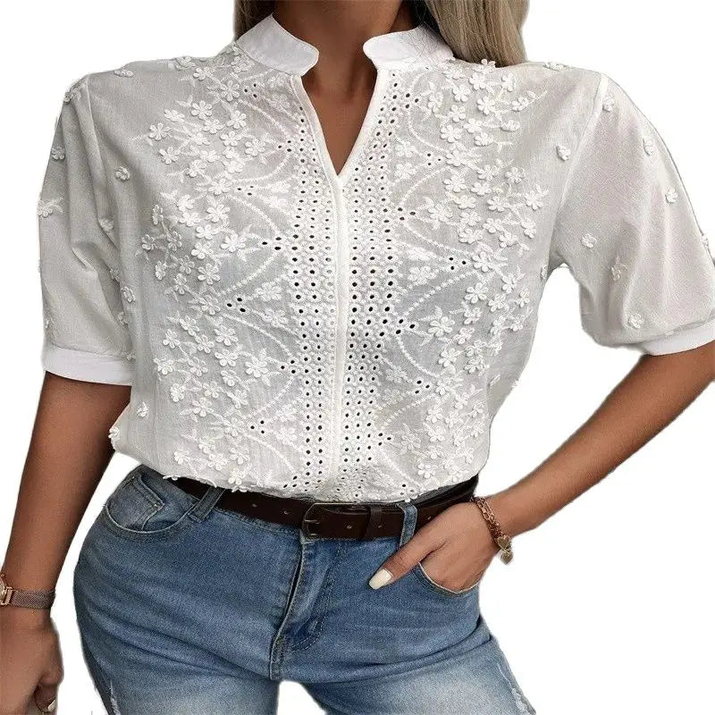 Elegant Vintage Embroidered Cotton Button-Up Top