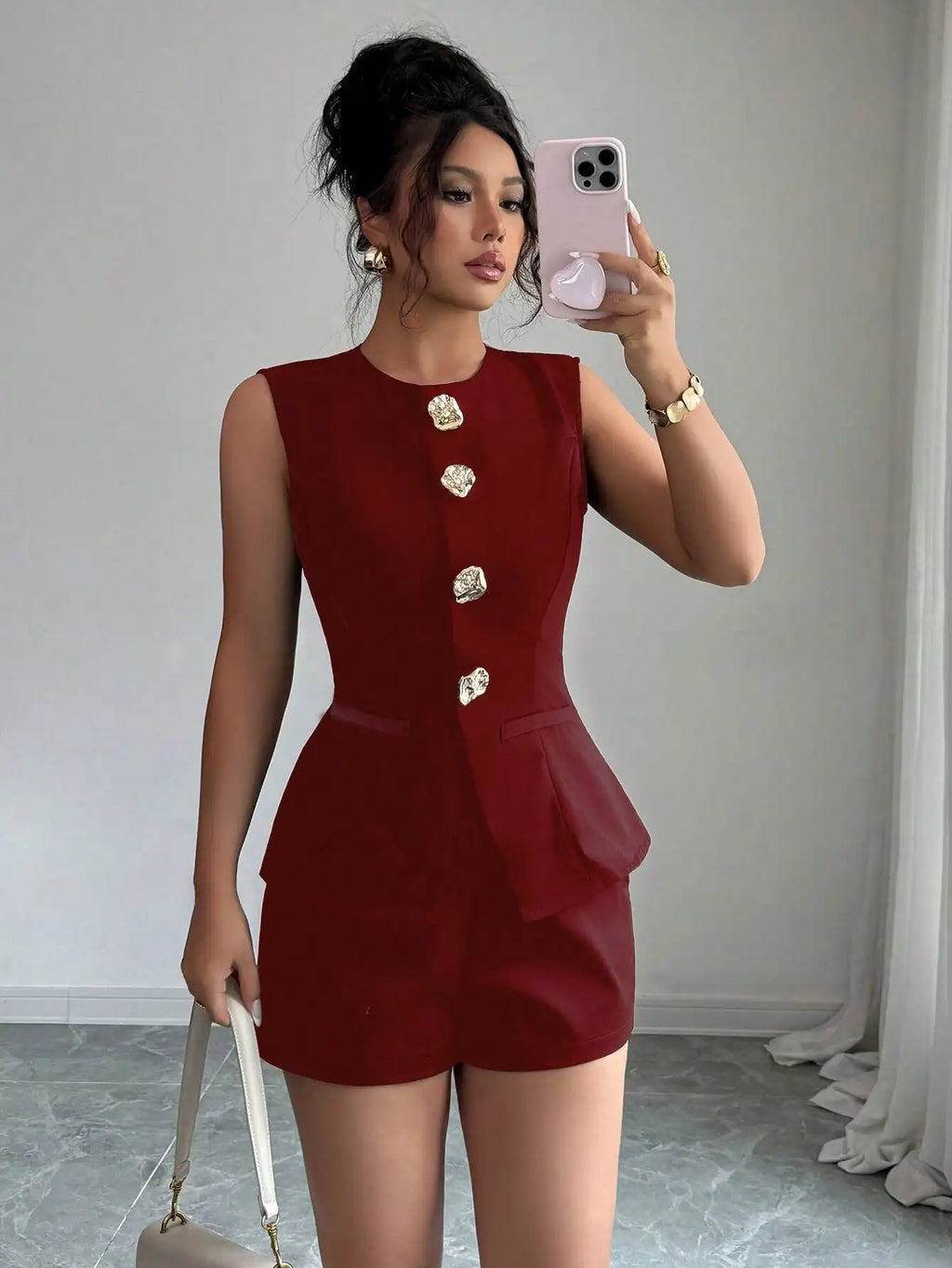 Women's Sleeveless Two-Piece Set with Gold Buttons & Peplum Waist