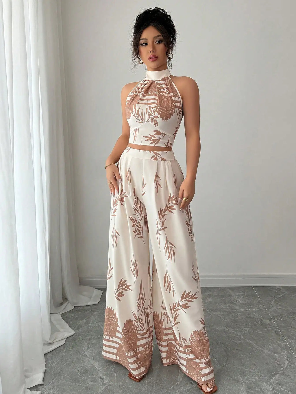 Women's Tropical Print Halter Neck Top with Wide Leg Pants Set