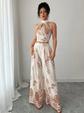 Women's Tropical Print Halter Neck Top with Wide Leg Pants Set