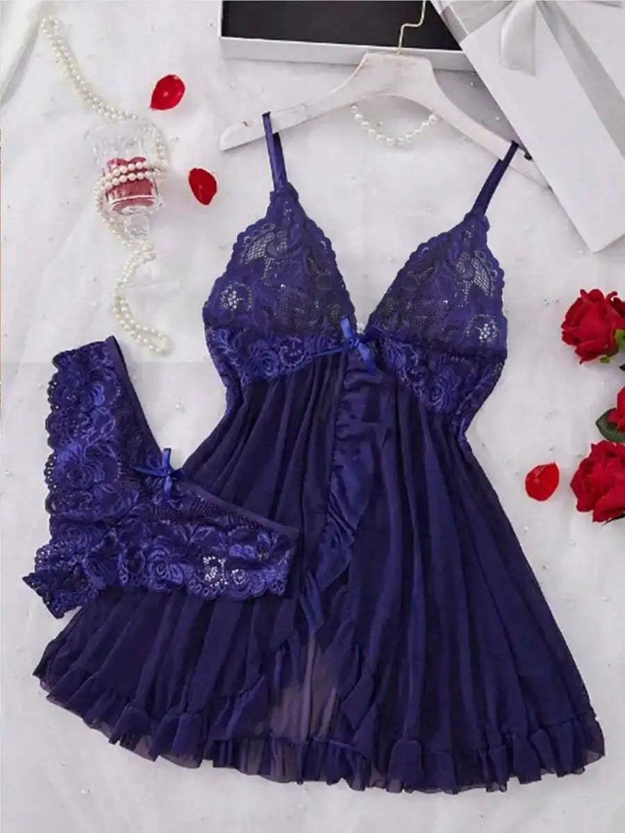 Red Lace Deep V Bra and Sheer Robe Set with Bow Detail for Bedroom or Party