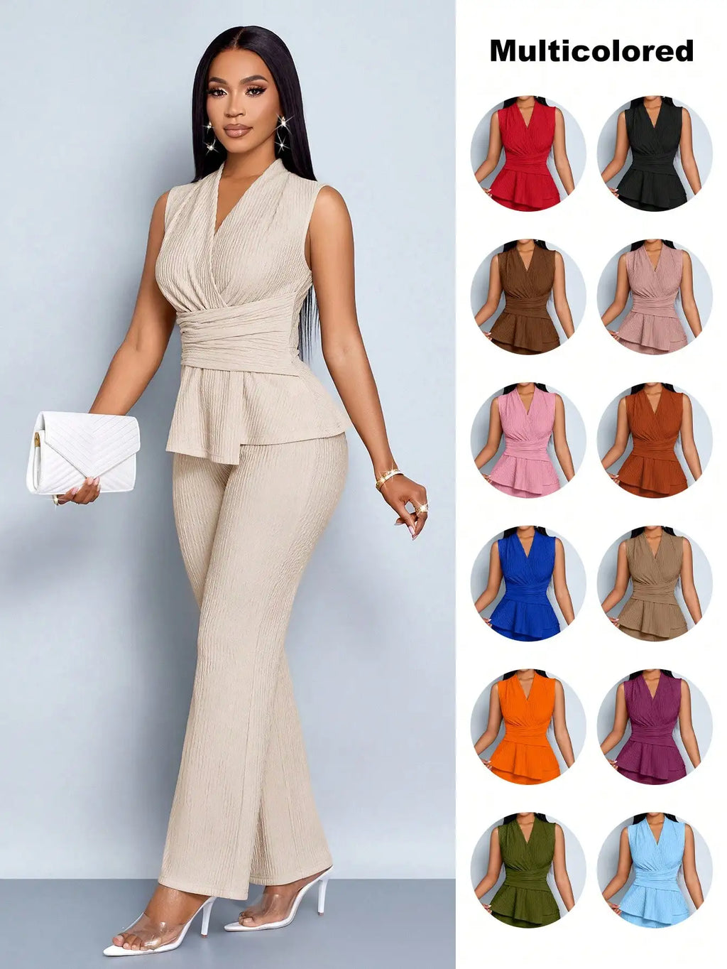 Women's Sleeveless Pleated Peplum Top & Wide-Leg Pants Set